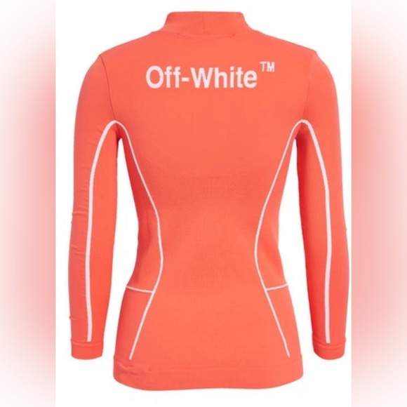 Off-White Off Stamp Seamless Mock Neck Long Sleeve Rib T-Shirt in Coral Red - Picture 4 of 6